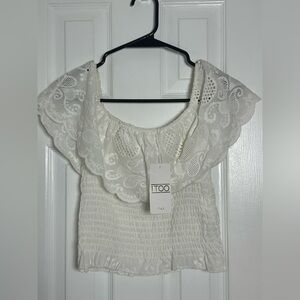 Cream Smocked Ruffled Sleeveless Blouse